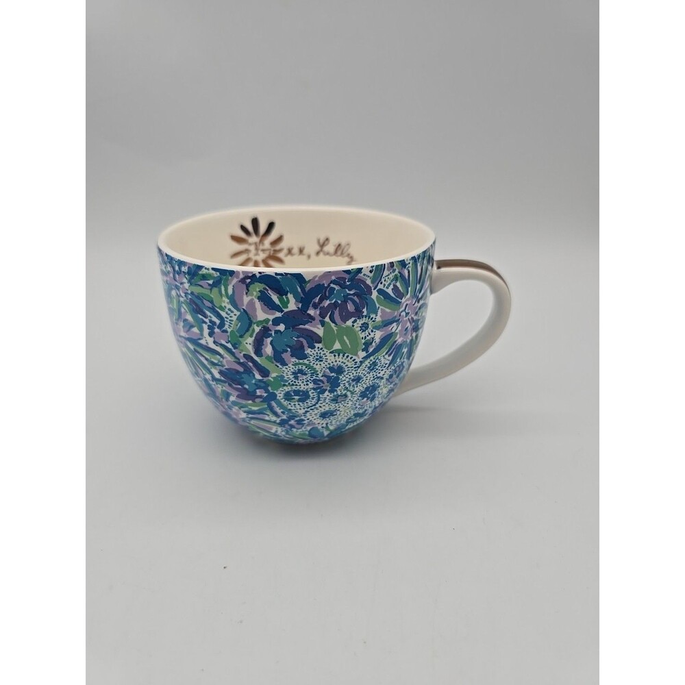 Lilly Pulitzer Blue Floral Logo inside Gold Handle Coffee Tea Coco Mug 14 oz